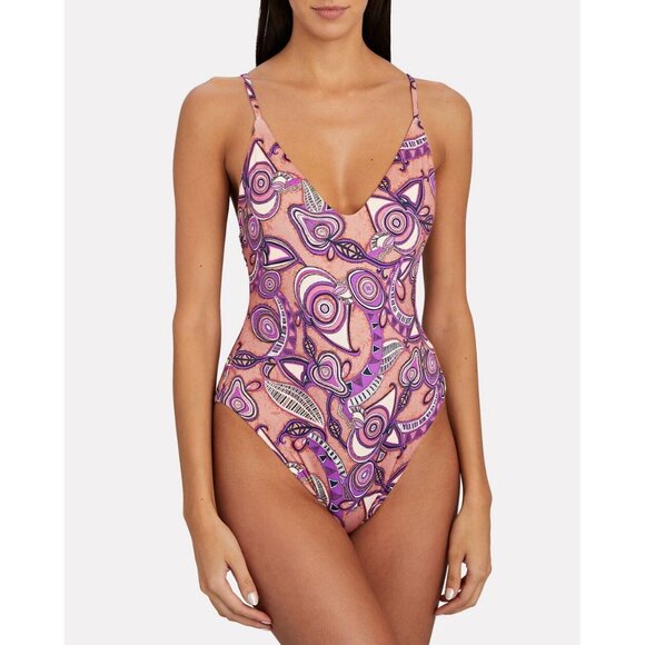 ALC Cleo Orange Rose Multi Graphic Plunge V-Neck One Piece Swimsuit, Size S - Picture 2 of 12